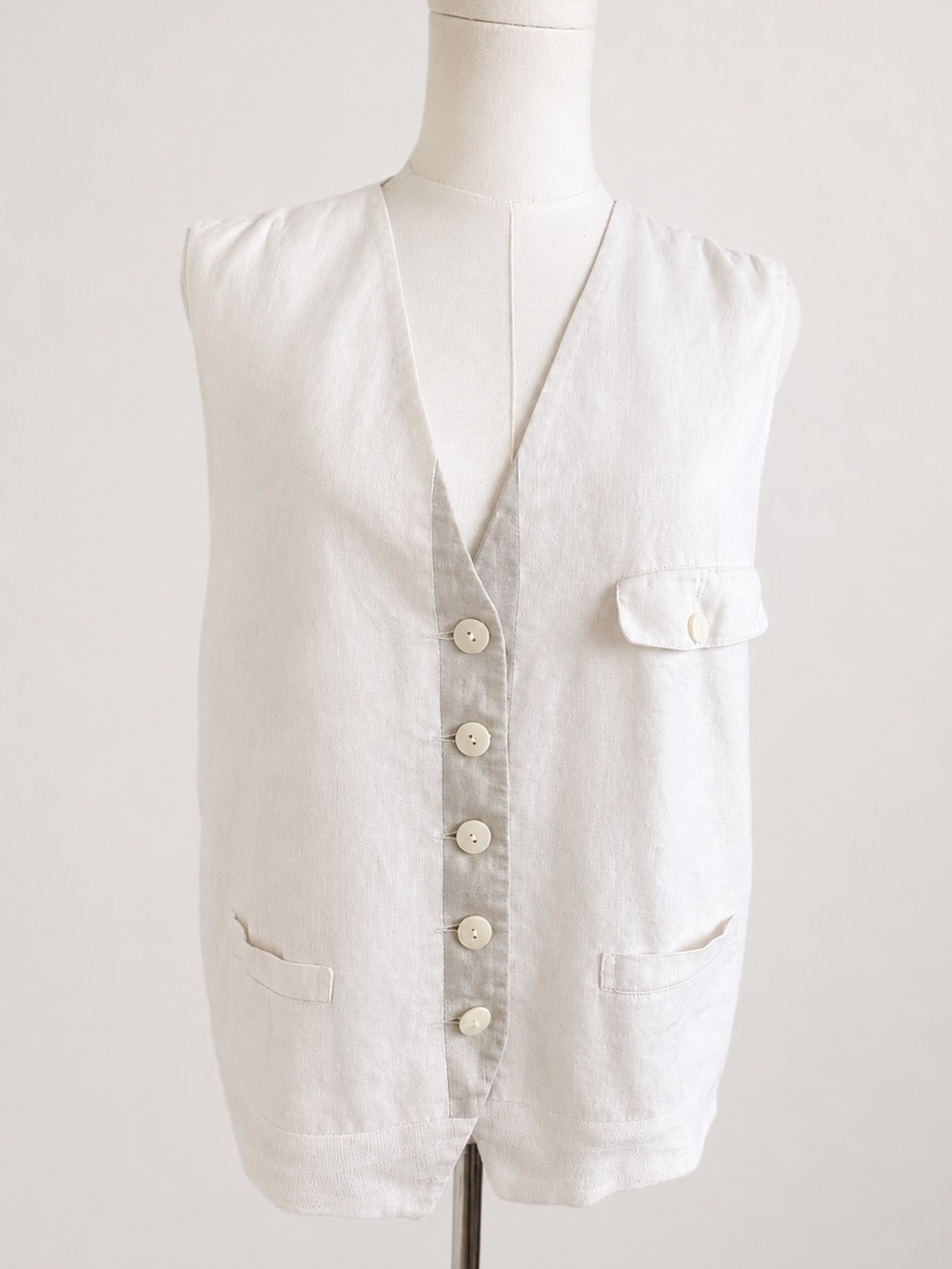 Triangle 100% Linen Ivory Button Front Vest Waistcoat Size 40 Neutral Minimal